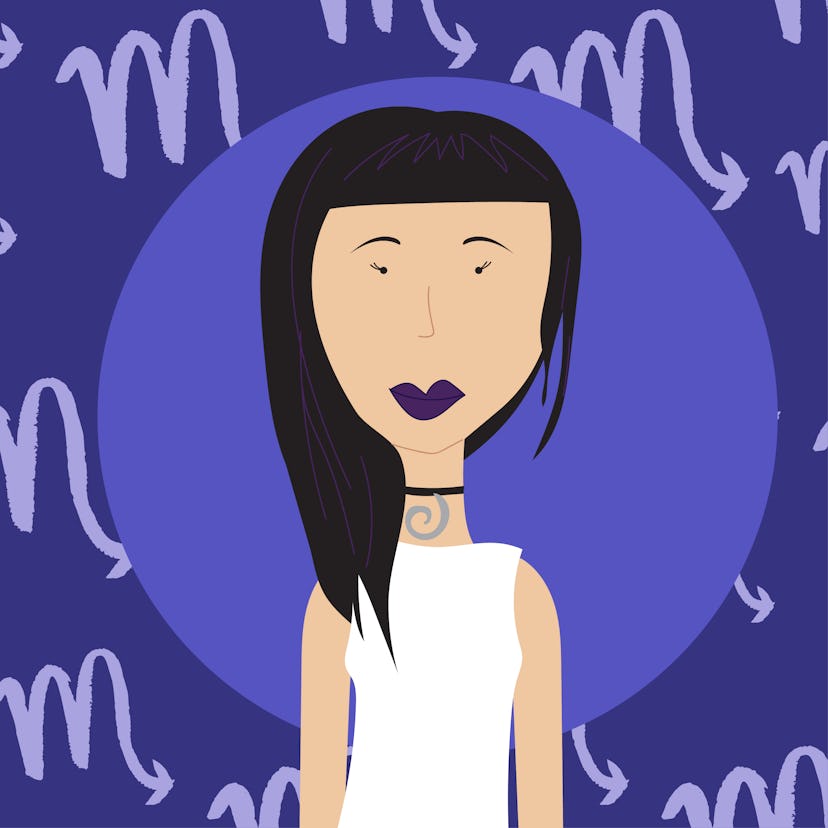 Illustrated woman with long black hair and purple lipstick