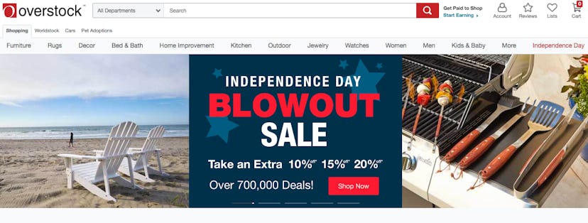 Overstock web page with a big "Blowout Sale" banner at the center of the page.