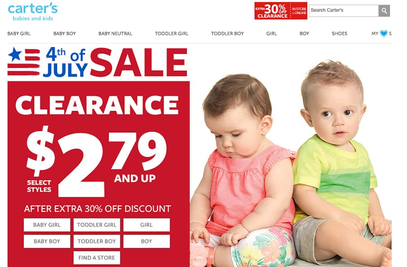 Carter's web page with a big "4th of July Sale" commercial on the homepage. 
