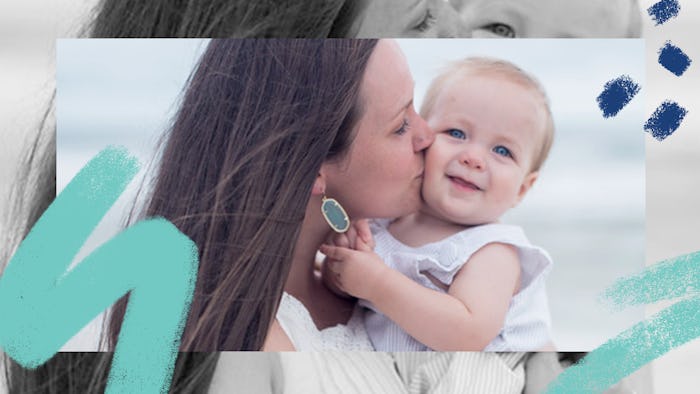 A collage of a brunette mom kissing her toddler and teal and blue paint effect elements