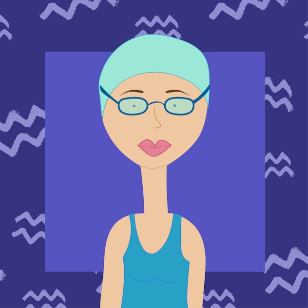 An illustration of an Aquarius woman wearing a swimming cap and glasses.