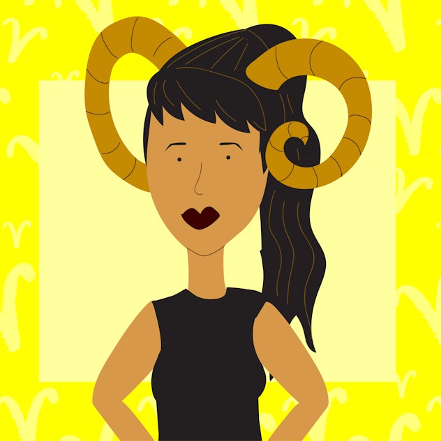 An illustration of an Aries woman with black hair, clothes and lipstick, and aries horns.