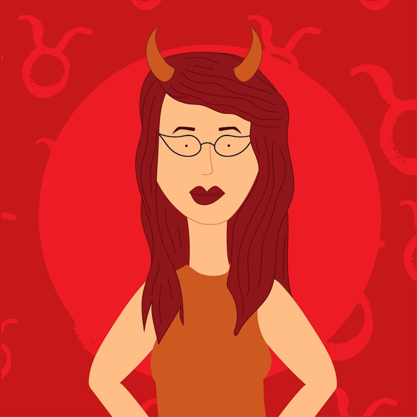 An illustration of a Taurus woman with dark red hair, lipstick, and bull horns.