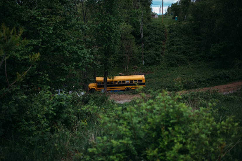 A picture of a yellow school bus driving through the woods 
