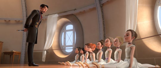 An older man talking to ballerinas in "Leap!"