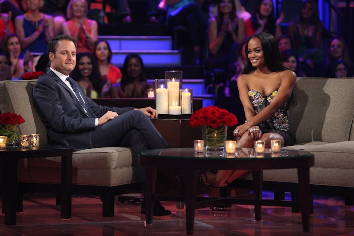 A scene from the 'Bachelorette' finale with a contestant and the host