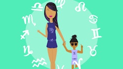 Illustration of a mother and daughter surrounded by horoscope signs