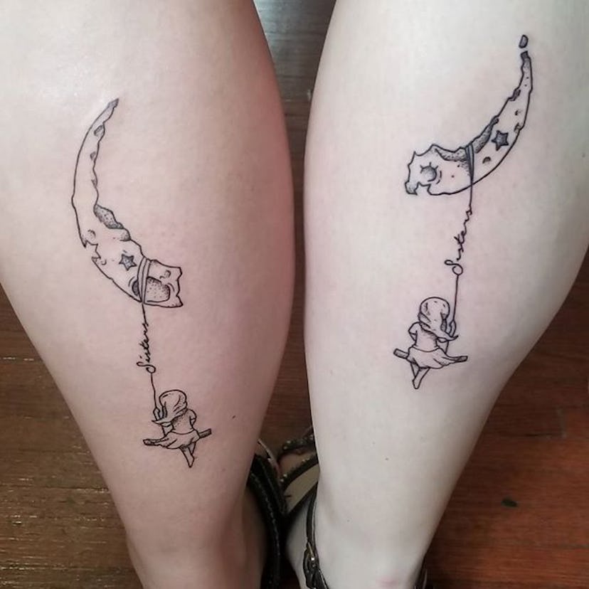 Two women with matching sister moon tattoos