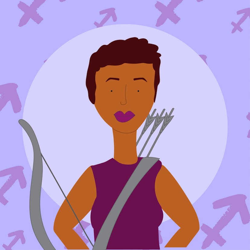An illustrated short hair woman holding the bow and arrows representing the Sagittarius horoscope si...