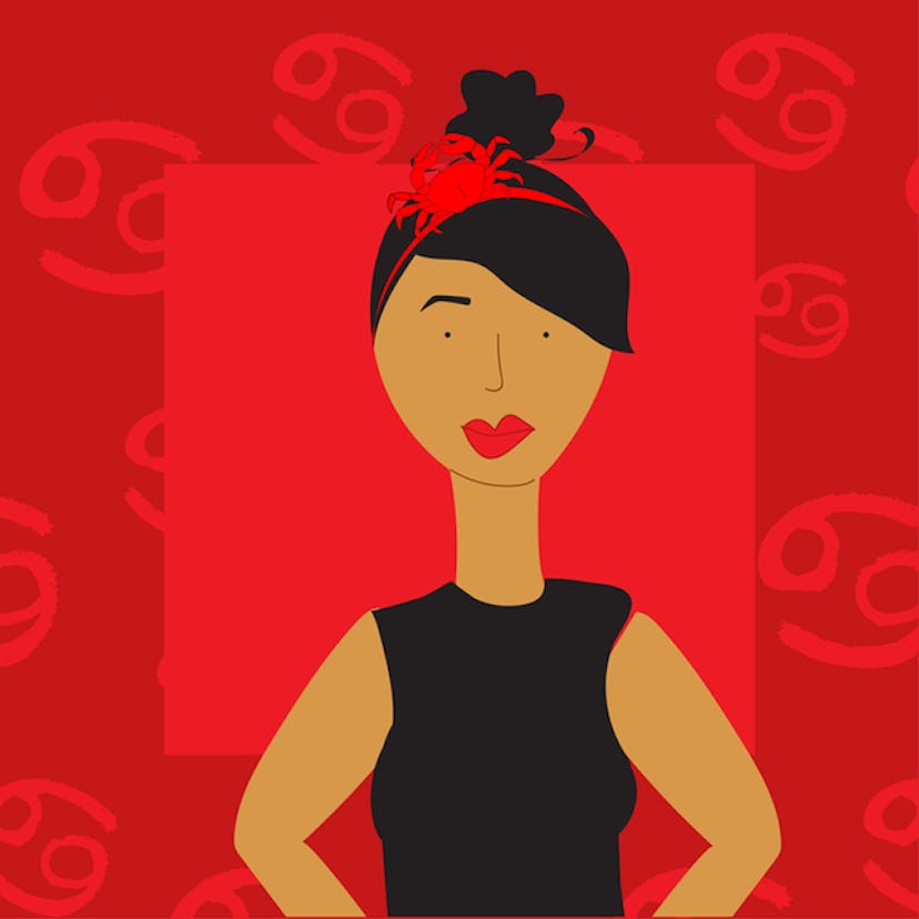 A drawn image of the woman wearing red lipstick on a red background having Cancer horoscope signs al...