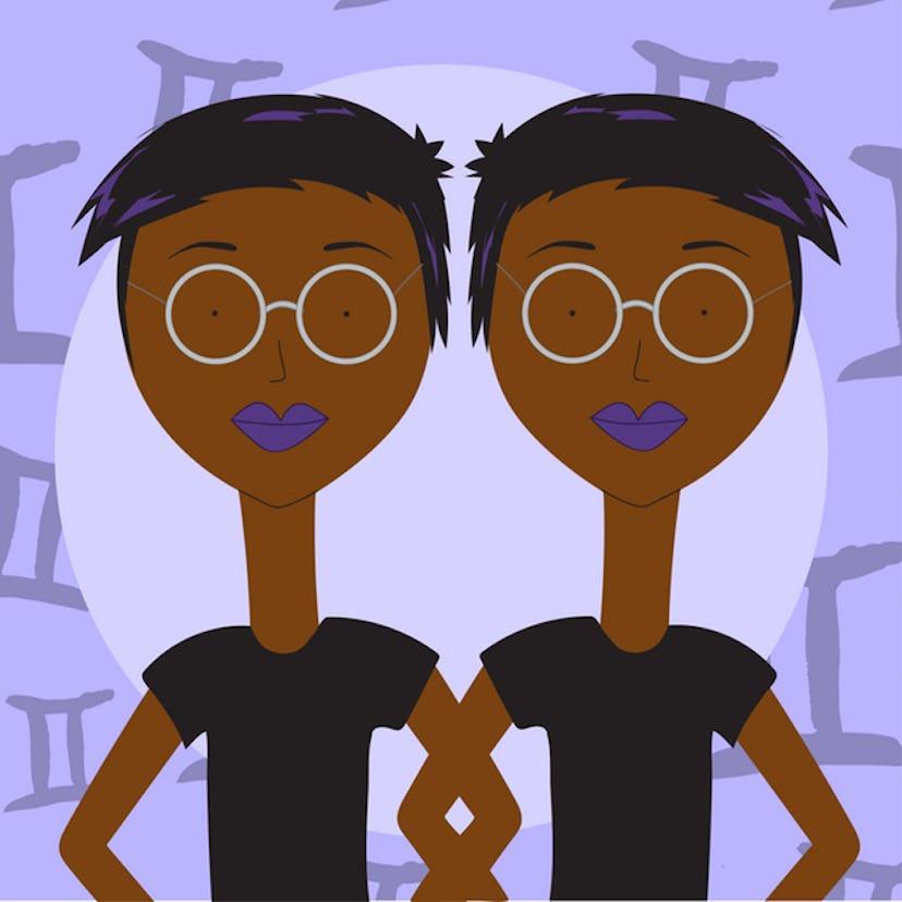 An illustrated picture of the Gemini horoscope sign showing two same characters on a light purple ba...