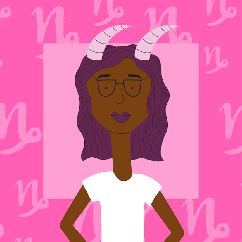 A drawn purple hair woman with horns on the pink background representing the Capricorn horoscope sig...