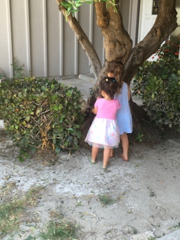 Two toddler sisters playing outdoors