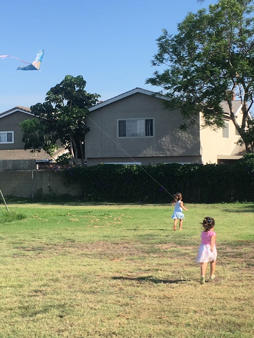 Two daughters playing with a kite in the backyard