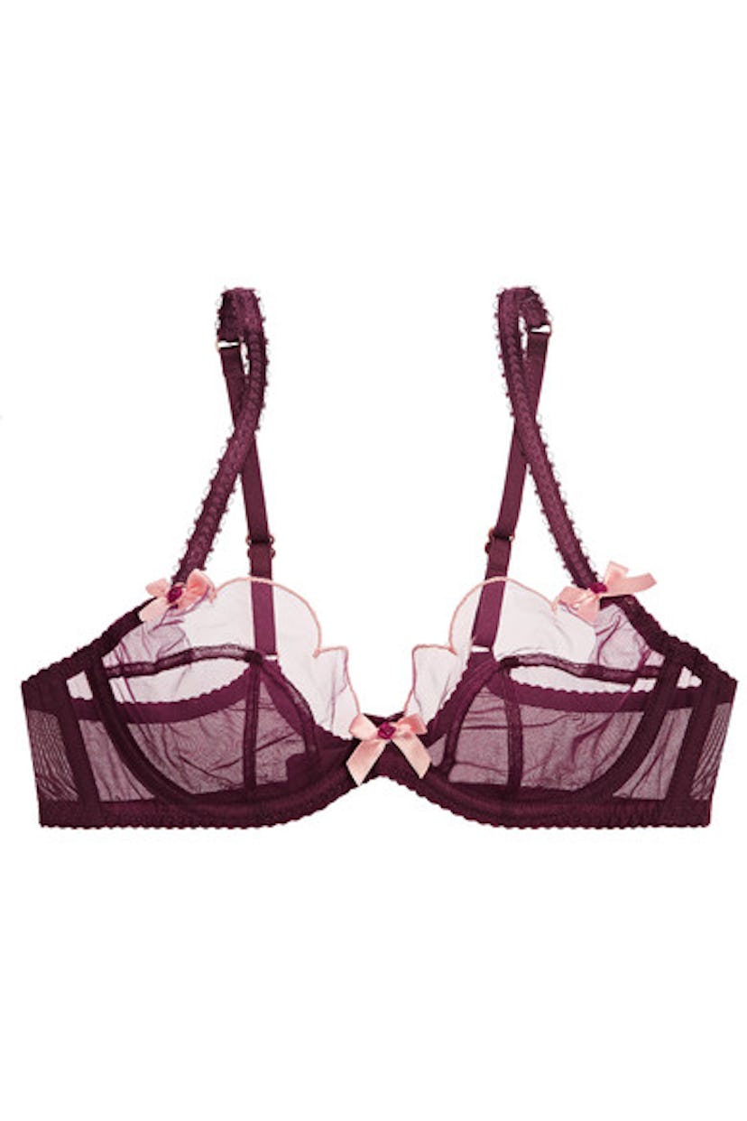 A burgundy embroidered triangle bra on a white background