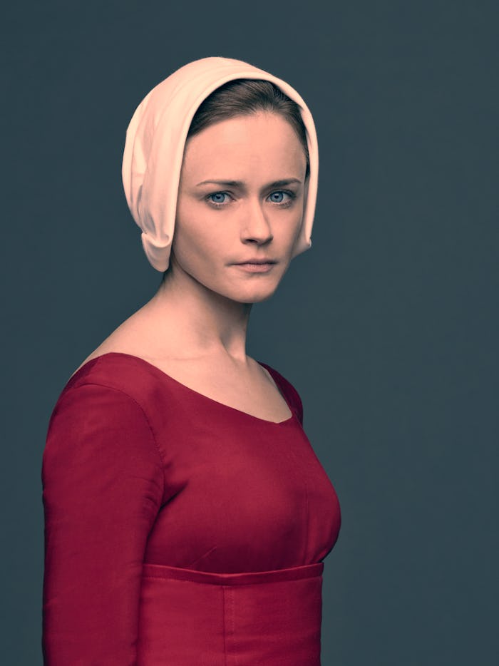 Alexis Bledel in costume for her series Handmaid's Tale