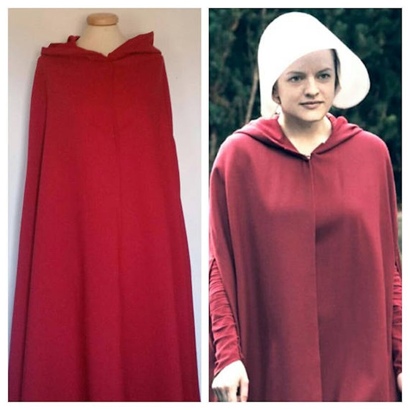 A collage of a red Cloak and Elisabeth Moss wearing a red cloak