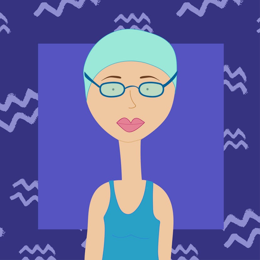 Illustration of an Aquarius female dressed as a swimmer with a swimming cap and goggles 