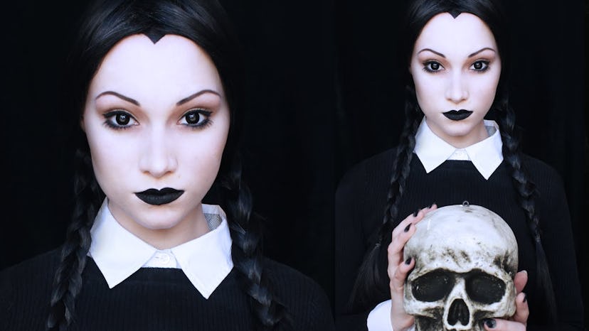 Woman in a Halloween costume inspired by Wednesday Addams 