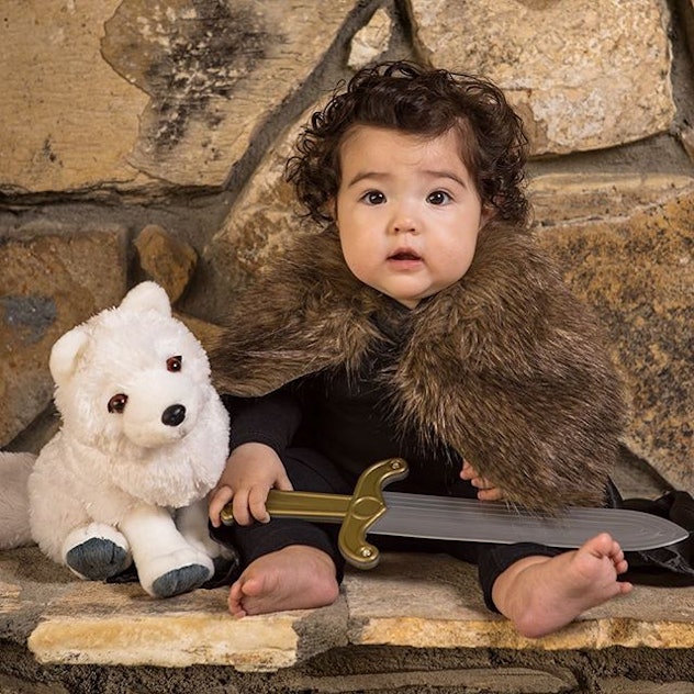 A little baby girl having a sword toy in her hand, posing for the picture with her white dog toy