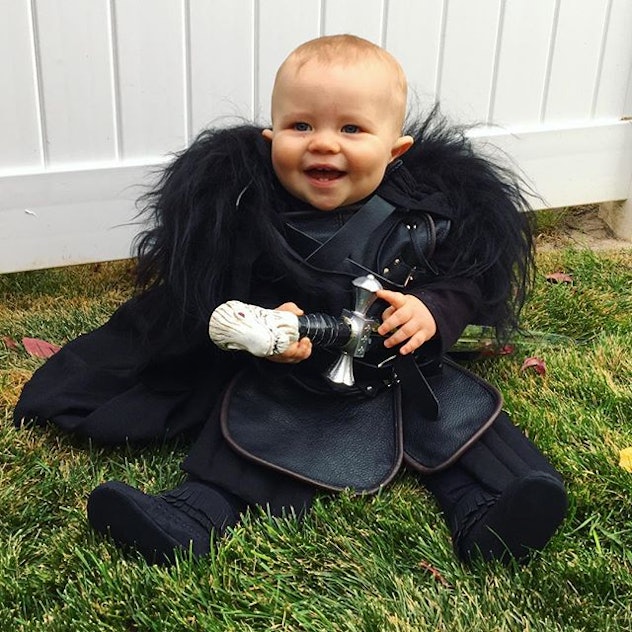 An creative Halloween costume worn by a baby his mom created