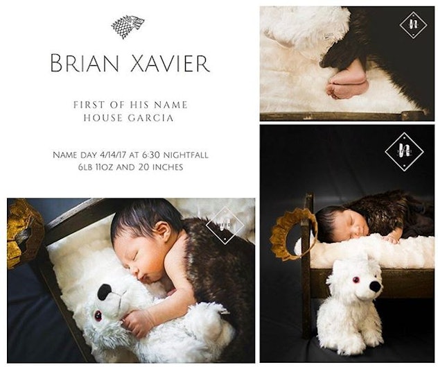 A birth announcement showing the baby sleeping and hugging his white teddy bear 