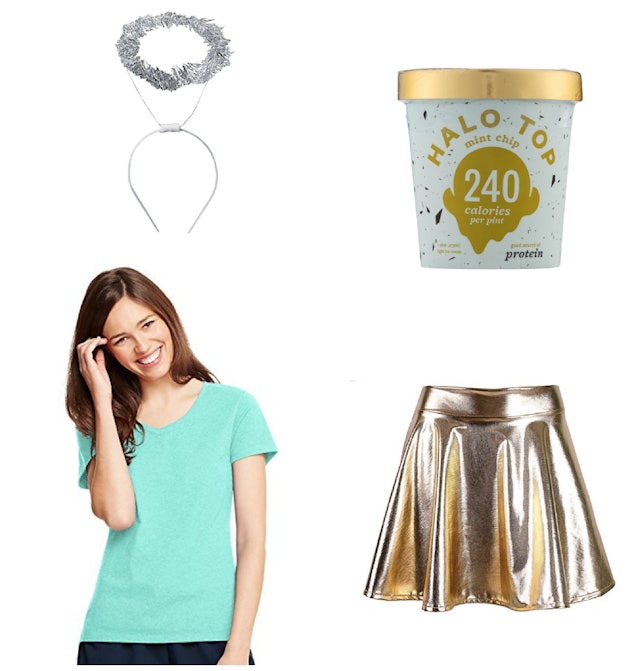 Collage of a young lady, silver headband, silver skirt, and Halo Top ice cream