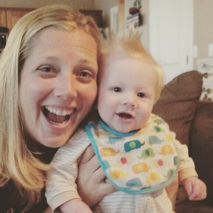 Ali Nicholson and her 4-month-old son smiling at the camera