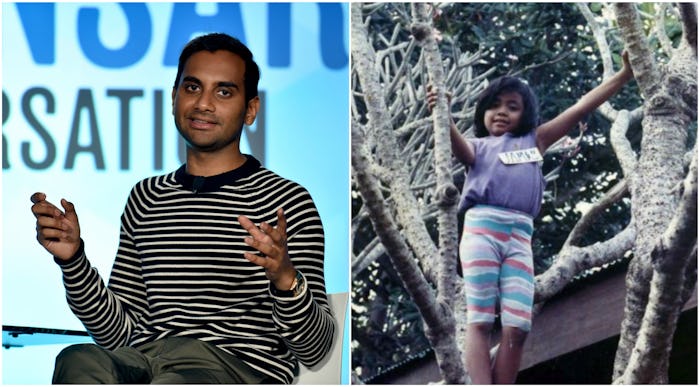 A collage of Aziz Ansari and Jam Kotenko when she was a child climbing a tree