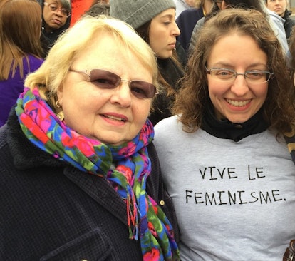 Maura in the shirt with the vive le feminisme slogan and her mother at march outside Philadelphia