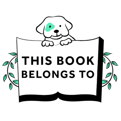 An illustration of a dog holding a sign "this book belongs to"