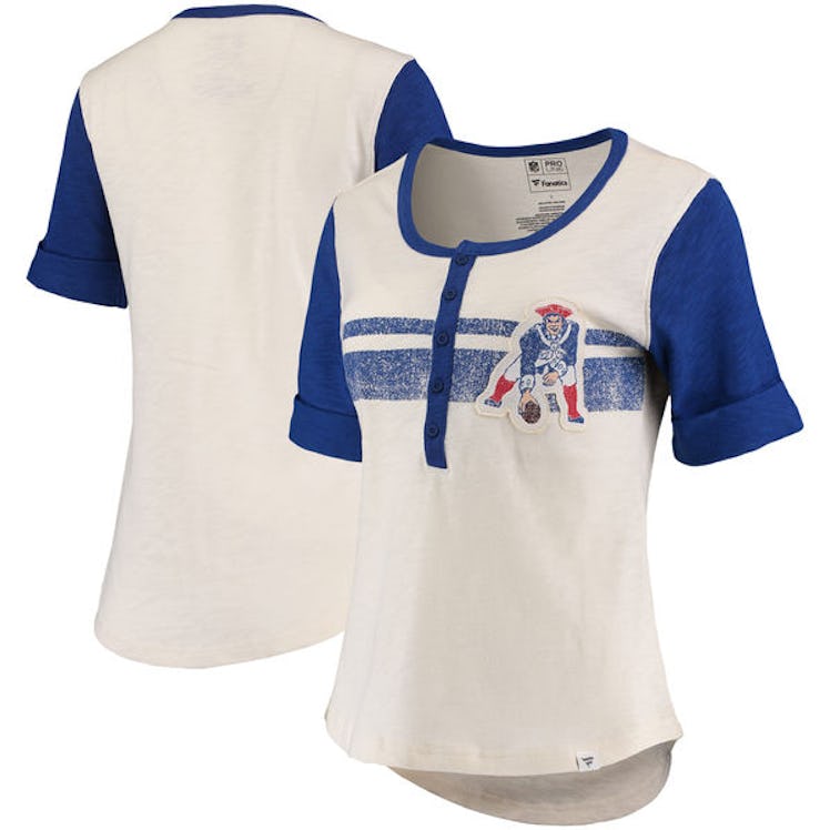 Fanatics Branded New England Patriots Women's White/Royal True Classics Drop Tail Henley T-Shirt