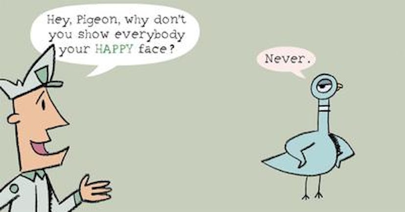 Don't Let the Pigeon Drive the Bus, by Mo Willems, showing the illustrated conversation between a ma...