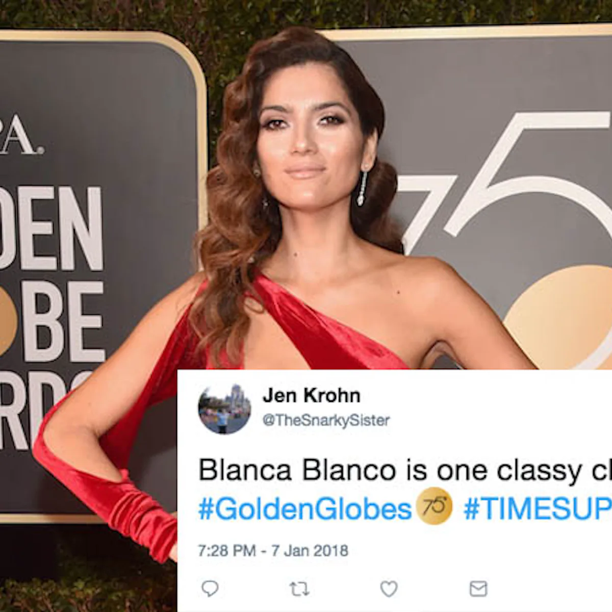 blanca blanco red dress Blanca Blanco Defends Wearing Red Instead of Black to Golden Globes 2018