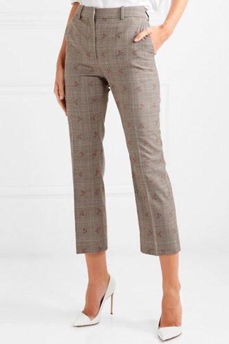 Embroidered Checked Wool-Blend Straight-Leg Pants
