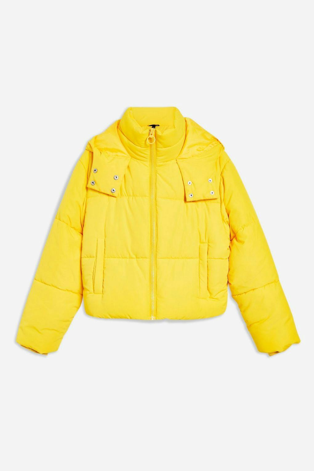 yellow hooded puffer jacket