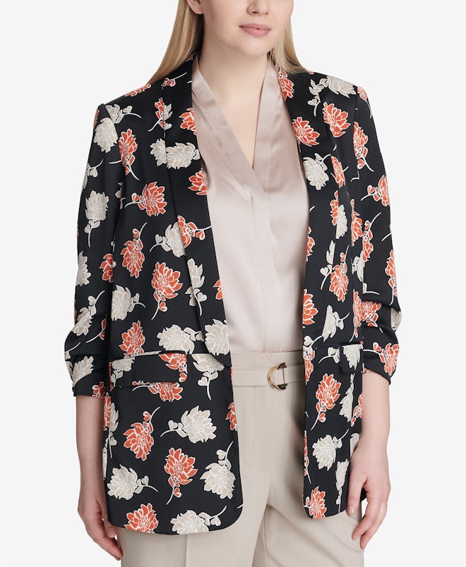 Floral Print Ruched-Sleeve Jacket