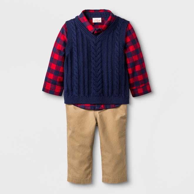 Collared Button-Down Flannel Bodysuit, Sweater Vest, & Twill Pants