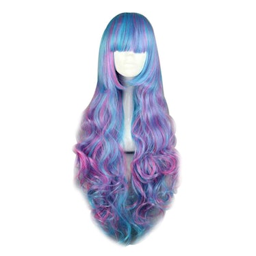 Cool Blue Mixed Magenta 28 Inches Long Curly Lolita Cosplay Full Wig