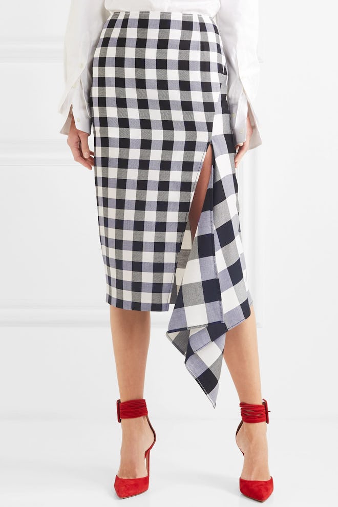 Asymmetric Gingham Wool And Cotton-Blend Midi Skirt