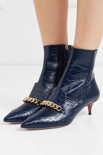 Aquazzura Editor Chain-Trimmed Croc-Effect Leather Ankle Boots