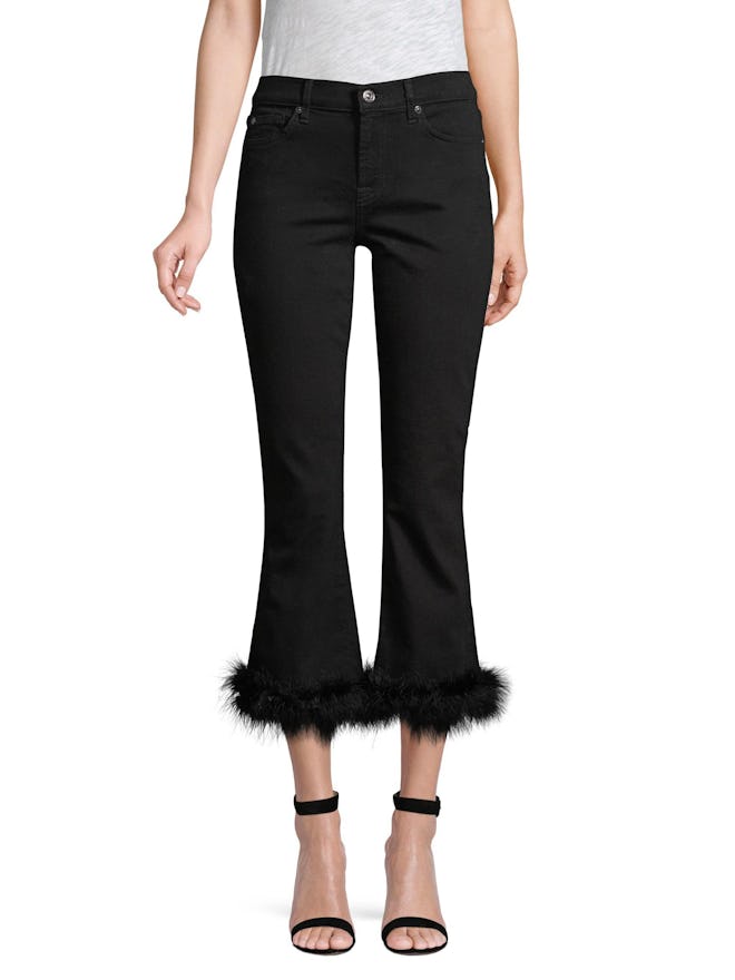 Faux-Feather Trim Cropped Jeans