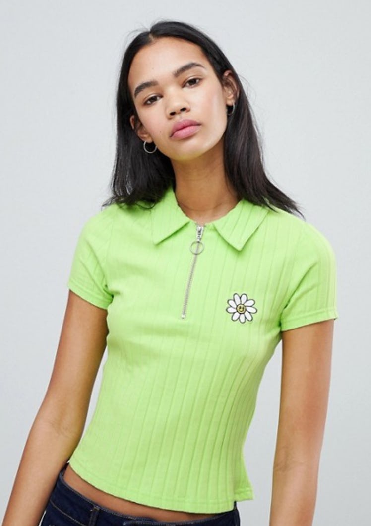 Lazy Oaf Ribbed Polo Shirt With Flower