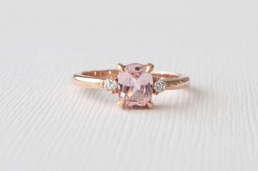 Oval Peach Sapphire and Diamond 3 Stone Bezel Ring in 14K Rose Gold