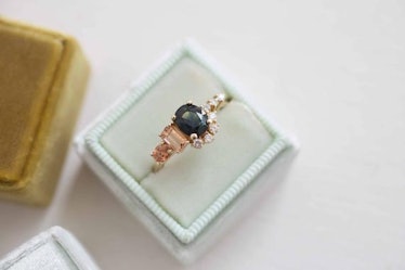 Bi-Color Blue Green Sapphire, Imperial Topaz, Peach Sapphire, and Diamond Cluster Engagement Ring