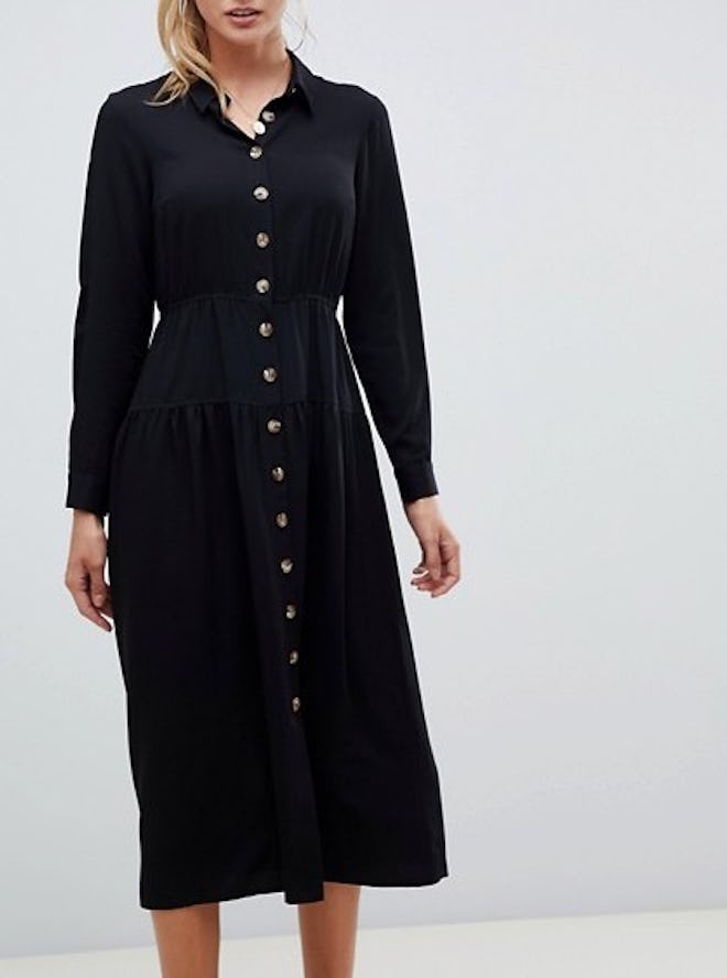 Button Through Midi Shirt Dress With Long Sleeves