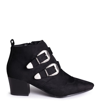 Liv - Black Suede Pointed Heeled Boot With Double Buckle Detail