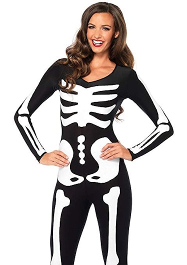 Leg Avenue Women's Spandex Printed Glow-In-The-Dark Skeleton Catsuit, Black/White