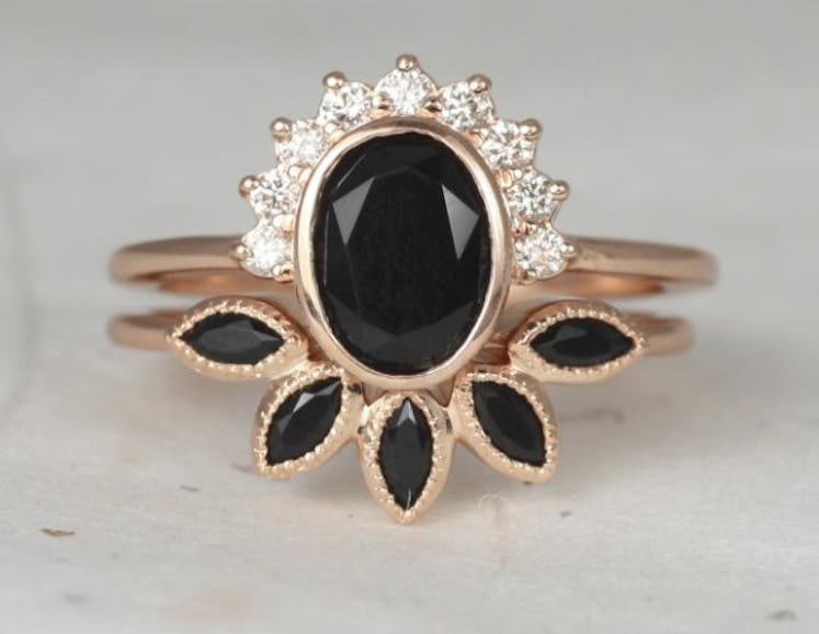 Rose Gold Oval Black Onyx and Diamonds Bezel Crescent Sunrays Wedding Set