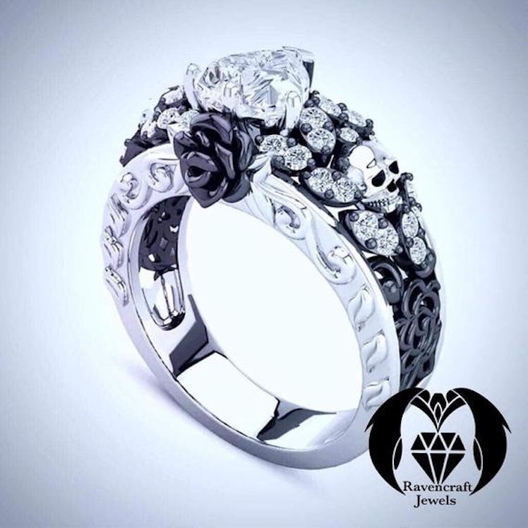 Dia De Los Muertos Black Rose Skull Heart Diamond Engagement Ring